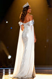 Sparkly Silver Sequins Off the Shoulder Long Pageant Dress with Cape