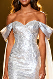 Sparkly Silver Sequins Off the Shoulder Long Pageant Dress with Cape