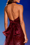 Sparkly Burgundy Mermaid Sequin Halter Long Pageant Dress with Bow