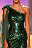 Sparkly Dark Green Sequin Mermaid One Shoulder Long Pageant Dress with Slit