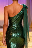 Sparkly Dark Green Sequin Mermaid One Shoulder Long Pageant Dress with Slit
