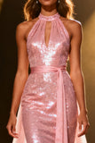Sparkly Light Pink Mermaid Sequin Halter Long Pageant Dress with Sash