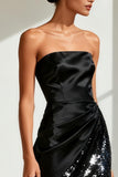 Black Strapless Satin Sequins Long Evening Dress with Slit