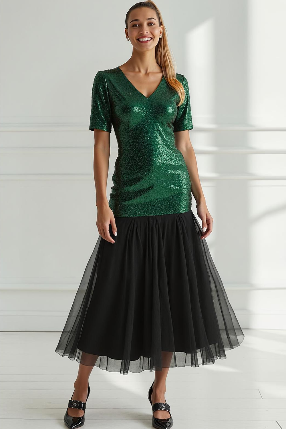 Sparkly Dark Green Tulle V-Neck Sheath Long Prom Dress with Sequin