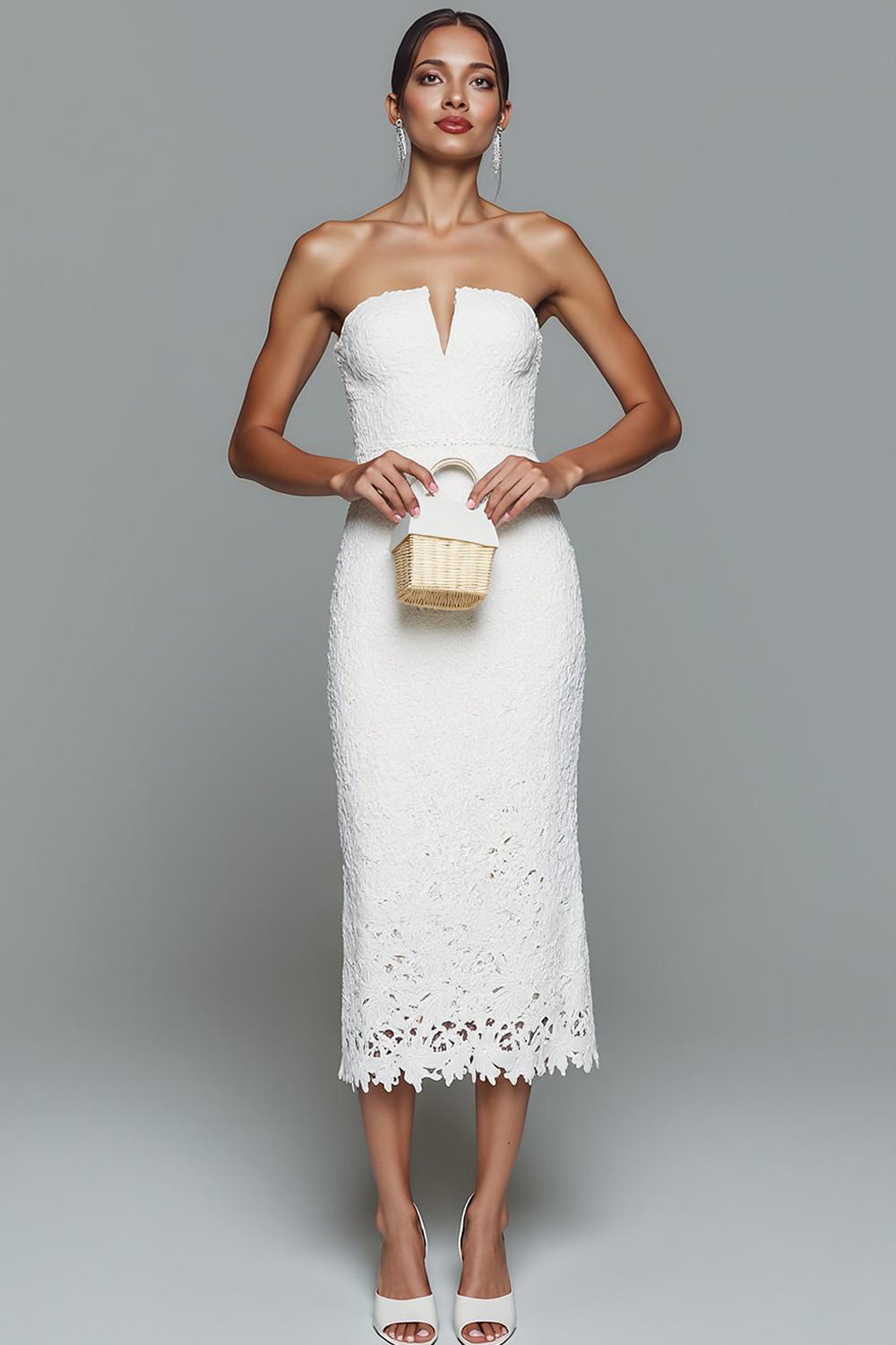White Sheath Lace Strapless Long Formal Dress