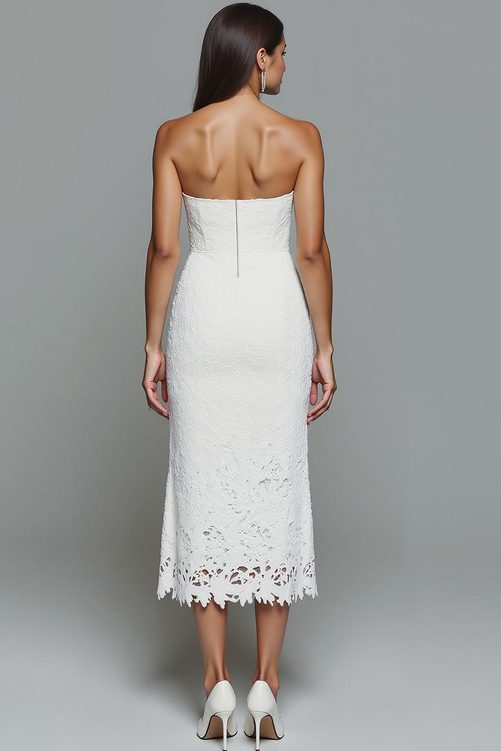 White Sheath Lace Strapless Long Formal Dress