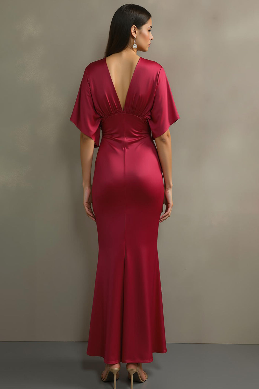 Fuchsia Satin Mermaid V-Neck Long Formal Dress