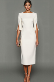 White Sheath Bateau Neck Midi Formal Dress