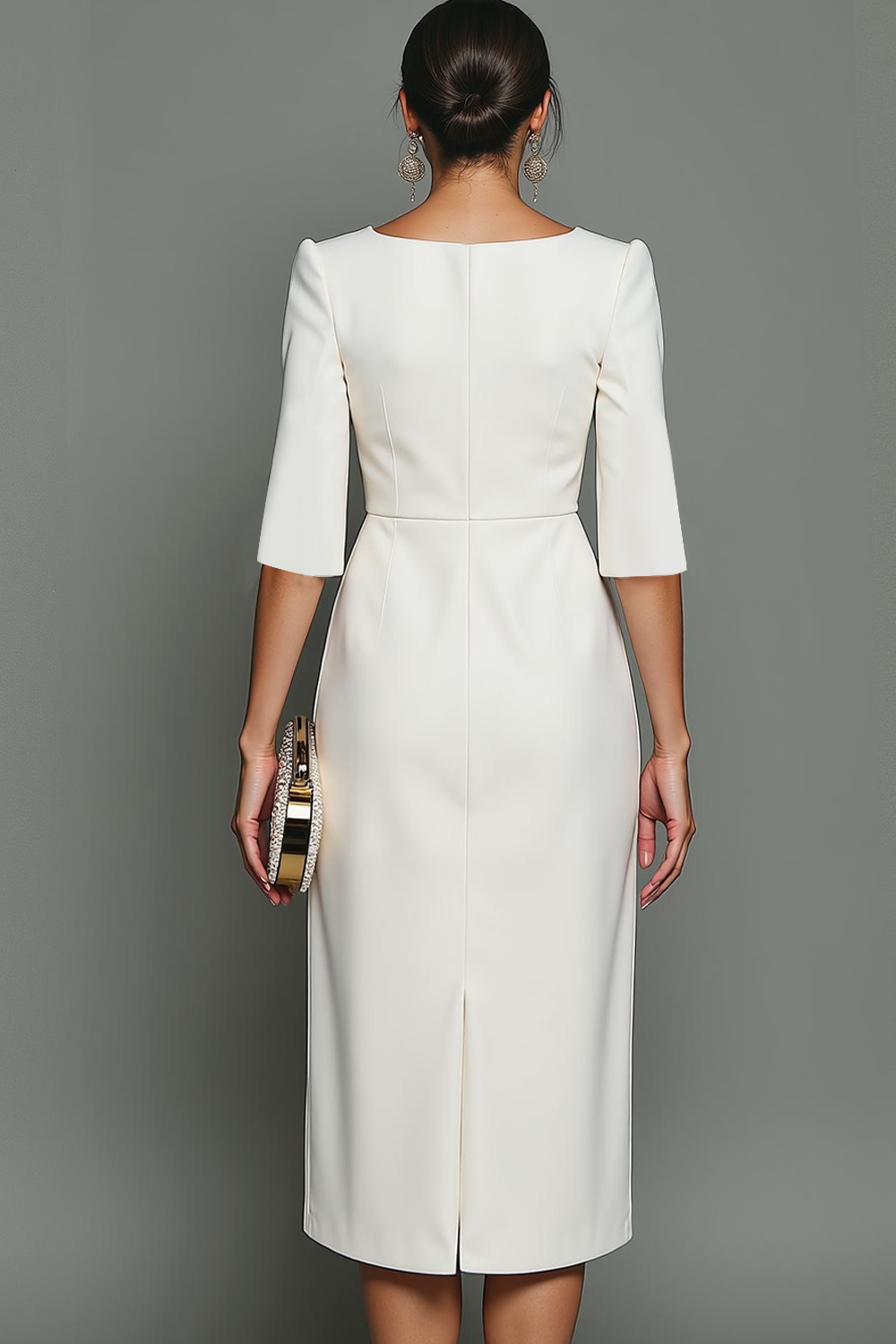 White Sheath Bateau Neck Midi Formal Dress