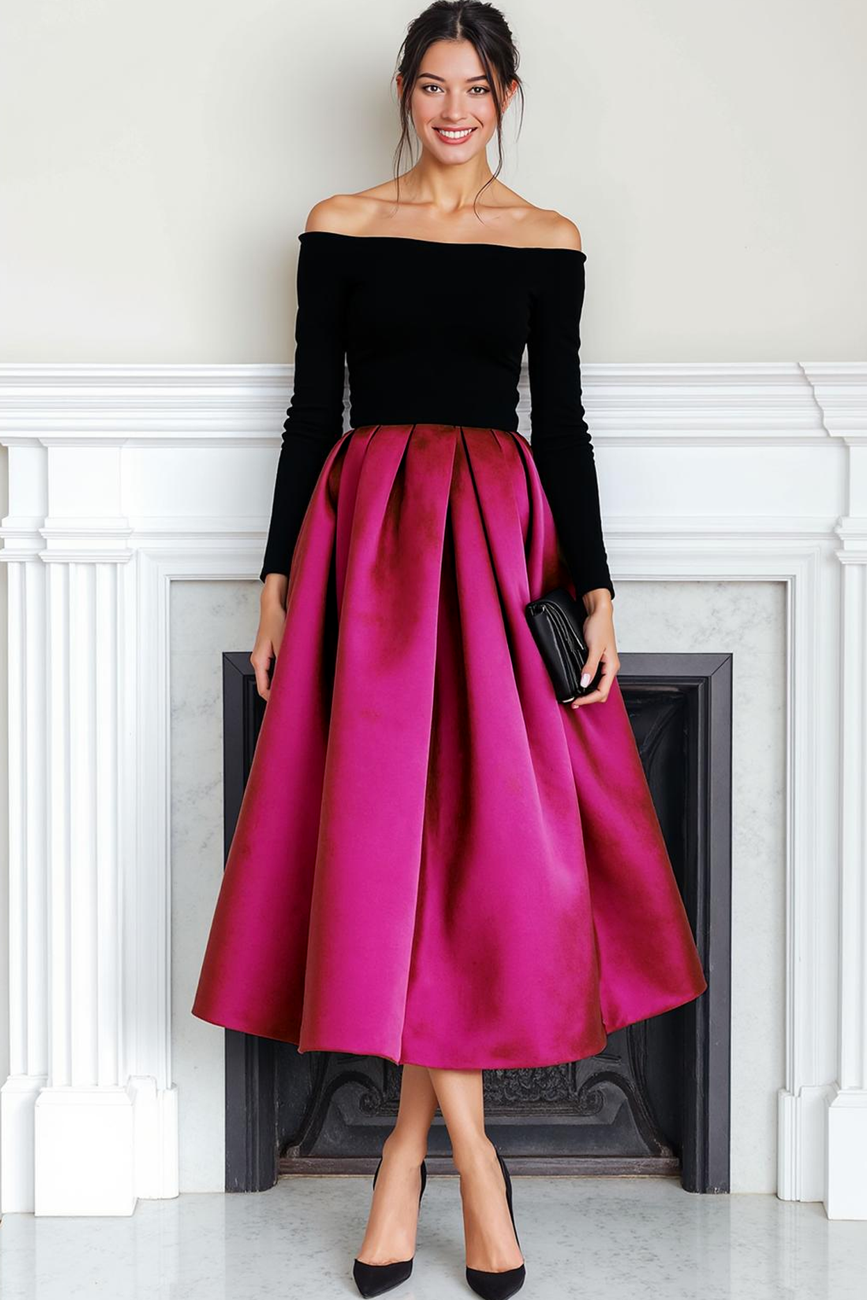 Fuchsia Black Velvet Off the Shoulder Long Evening Dress with Sleeves