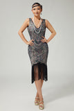 Black Apricot Fringed Bodycon 1920s Dress With Sequins