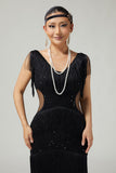V-Neck Black Tiered Fringed Cut-Out 1920s Dress With Sequins