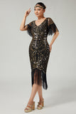 Black Golden V-Neck 1920s Dress With Sequins and Fringes