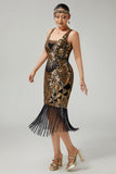 Black Golden Sequined 1920s Dress With Fringes