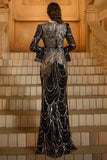 Black Golden Mermaid Long Sleeve Sequins Formal Dress