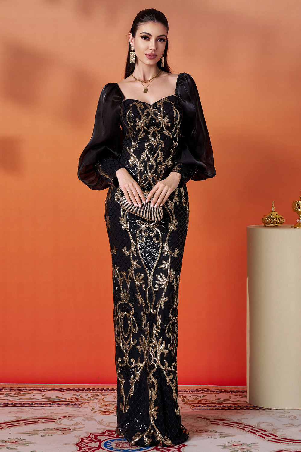 Sparkly Black Golden Mermaid Long Sleeve Formal Dress