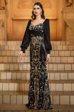 Black Golden Long Sleeve Mermaid Sequin Formal Dress