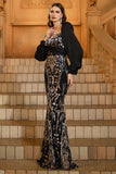 Black Golden Long Sleeve Mermaid Sequin Formal Dress
