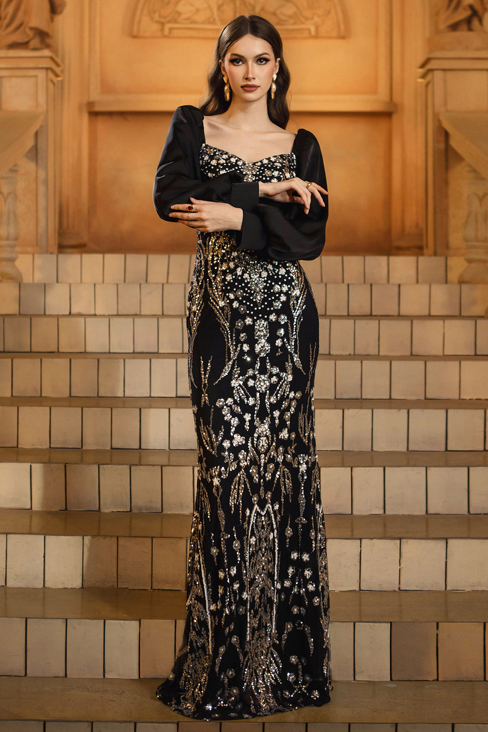 Black Golden Long Sleeve Mermaid Sequin Formal Dress
