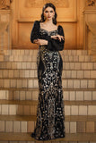 Black Golden Long Sleeve Mermaid Sequin Formal Dress