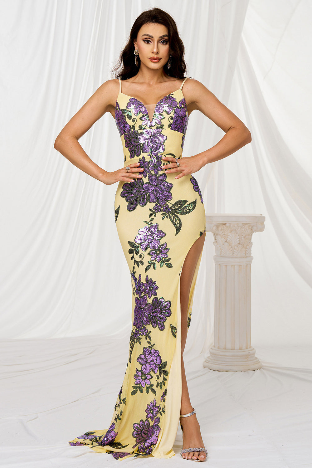 Yellow Mermaid Spaghetti Straps Sweep Train Floral Prom Dress