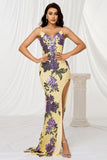 Yellow Mermaid Spaghetti Straps Sweep Train Floral Prom Dress
