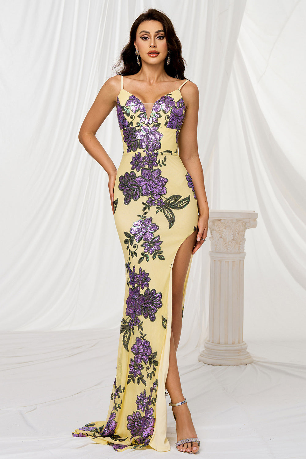 Yellow Mermaid Spaghetti Straps Sweep Train Floral Prom Dress
