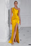 Yellow Mermaid One Shoulder Ruched Maxi Prom Dress with Slit