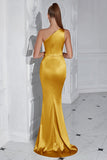 Yellow Mermaid One Shoulder Ruched Maxi Prom Dress with Slit