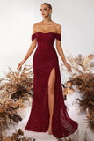 Sparkly Burgundy Corset Off the Shoulder Long Prom Dress with Slit