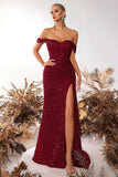 Sparkly Burgundy Corset Off the Shoulder Long Prom Dress with Slit