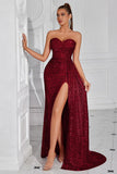 Sparkly Burgundy Sequins Sweetheart Mermaid Long Prom Dress with Slit