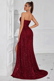 Sparkly Burgundy Sequins Sweetheart Mermaid Long Prom Dress with Slit