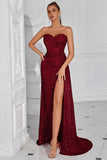 Sparkly Burgundy Sequins Sweetheart Mermaid Long Prom Dress with Slit