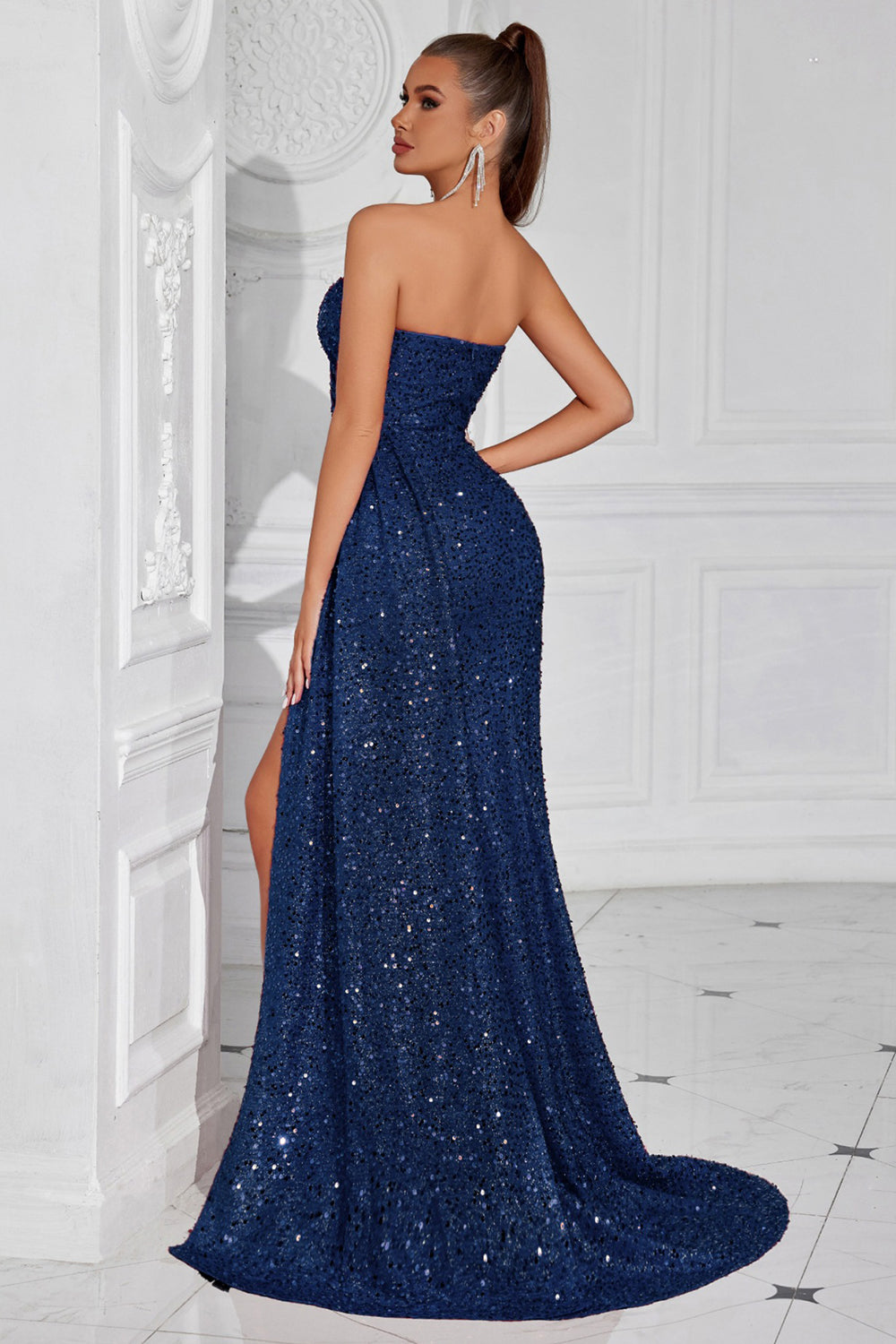 Sparkly Burgundy Sequins Sweetheart Mermaid Long Prom Dress with Slit