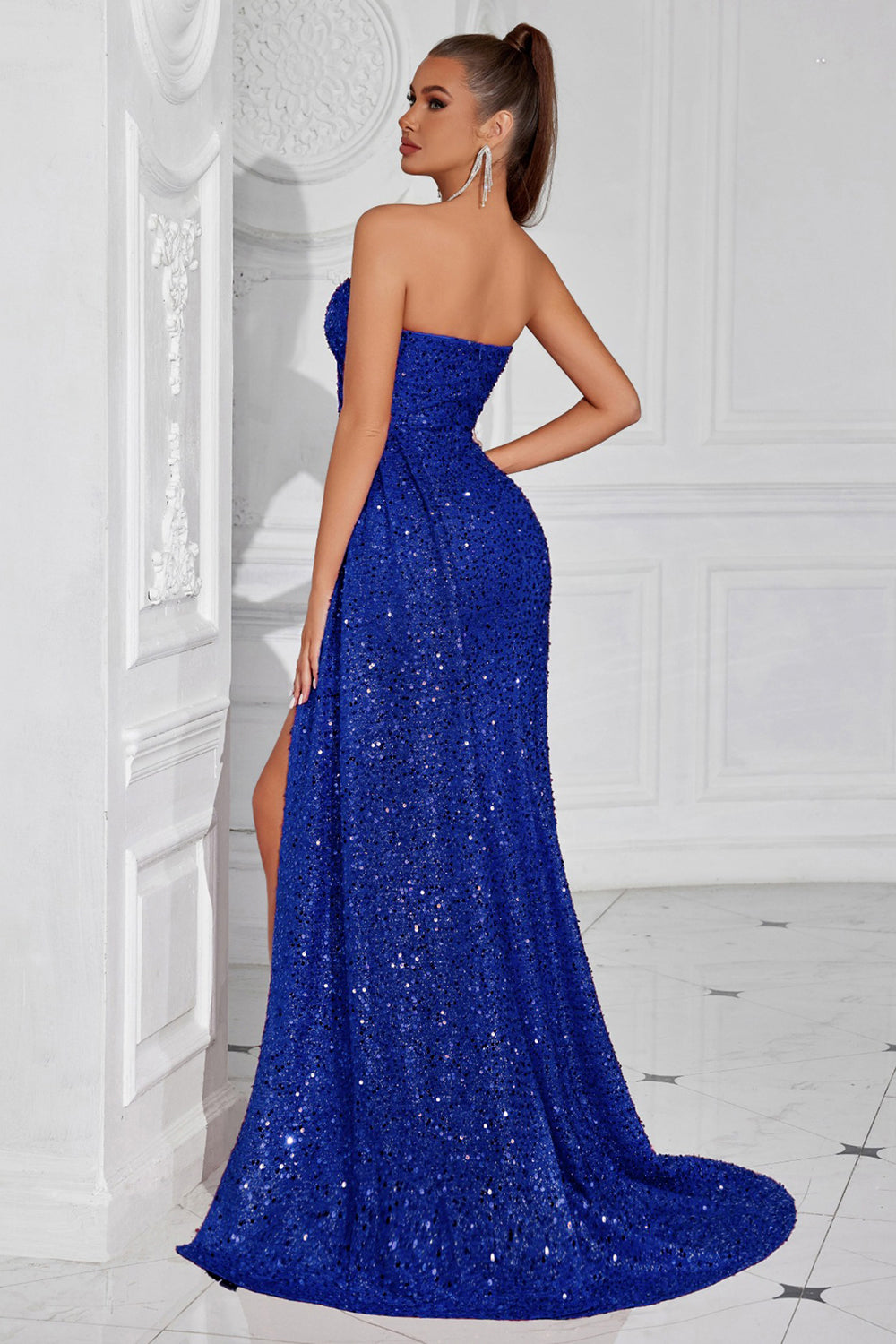 Sparkly Burgundy Sequins Sweetheart Mermaid Long Prom Dress with Slit