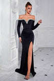 Sparkly Black Satin Off The Shoulder Beaded Mermaid Long Formal Dress with Slit