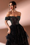 Sparkly Black Off the Shoulder Sequins Tiered Porm Dress with Slit