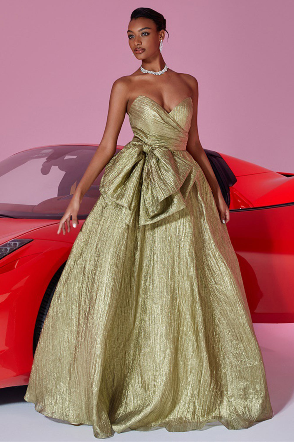 Golden Strapless A Line Prom Dress with Bow