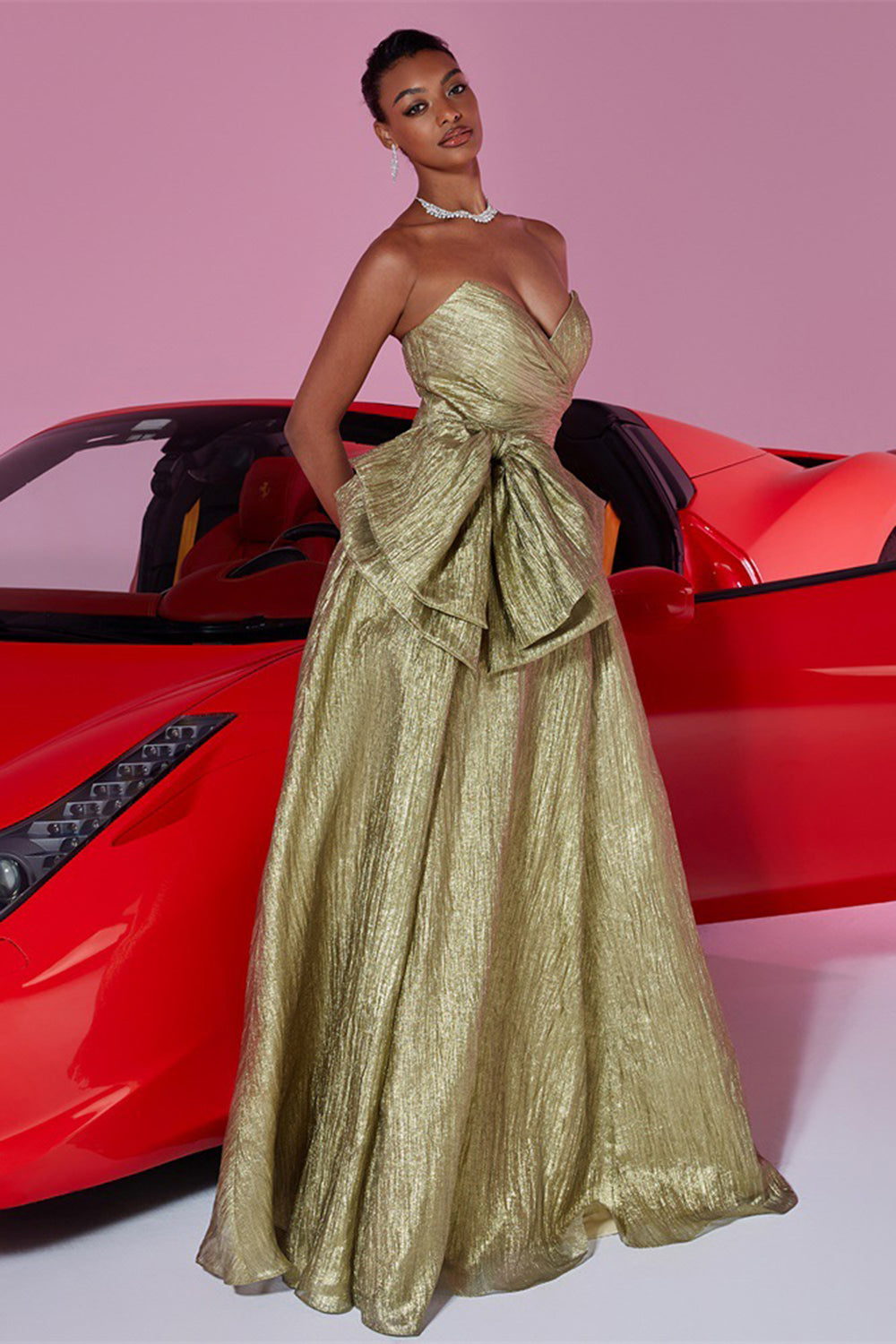 Golden Strapless A Line Prom Dress with Bow
