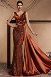 Brown Mermaid V Neck Sequin Formal Dress with Side Streamer