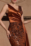 Brown Mermaid V Neck Sequin Formal Dress with Side Streamer