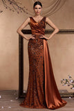 Brown Mermaid V Neck Sequin Formal Dress with Side Streamer