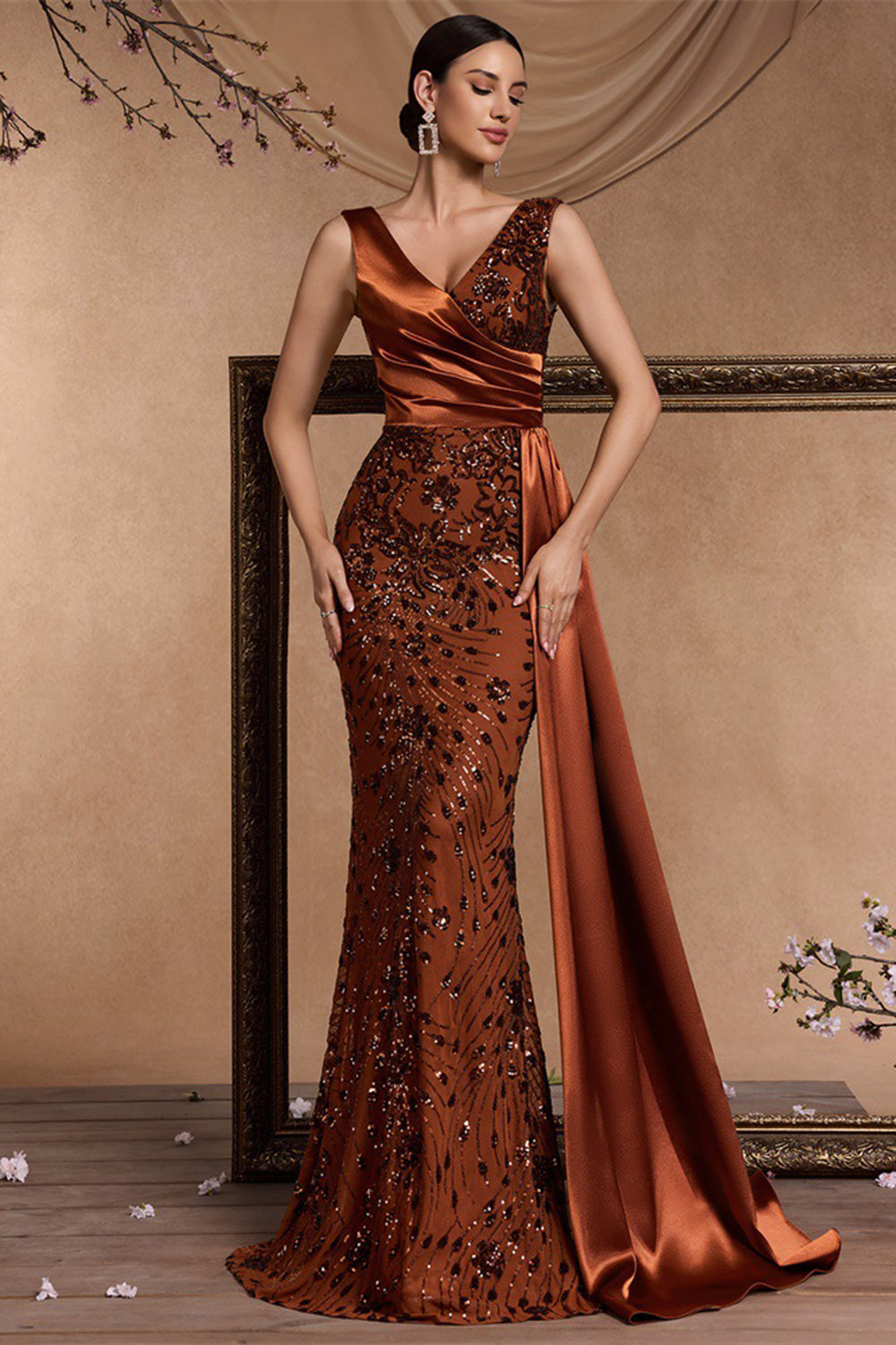 Brown Mermaid V Neck Sequin Formal Dress with Side Streamer