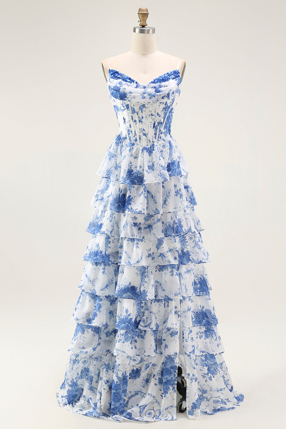 Blue White Flower A Line Ruffled Corset Long Formal Dress with Slit