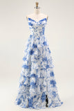 Blue White Flower A Line Ruffled Corset Long Formal Dress with Slit