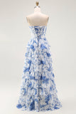 Blue White Flower A Line Ruffled Corset Long Formal Dress with Slit