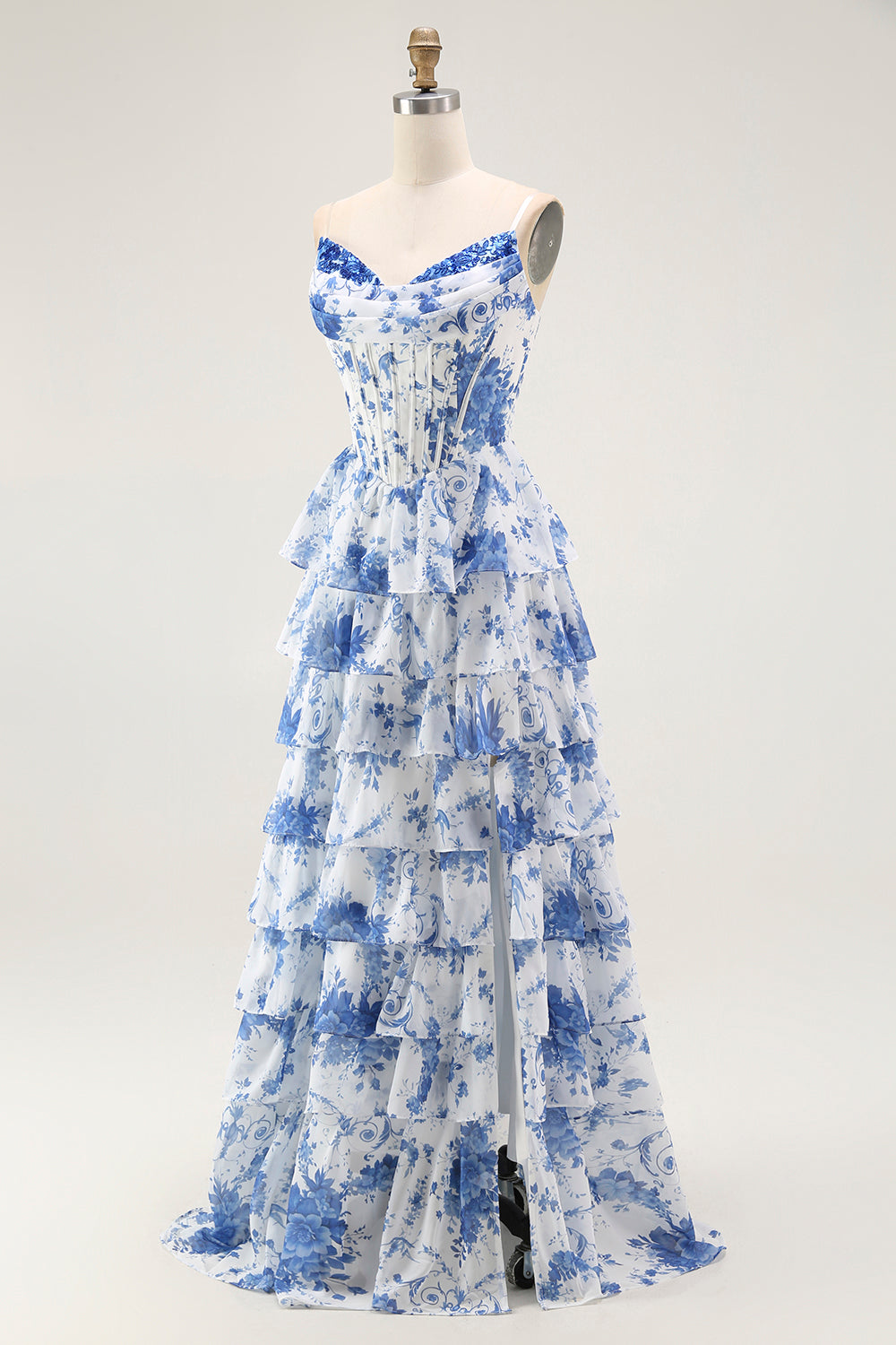 Blue White Flower A Line Ruffled Corset Long Formal Dress with Slit