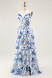 Blue White Flower A Line Ruffled Corset Long Formal Dress with Slit