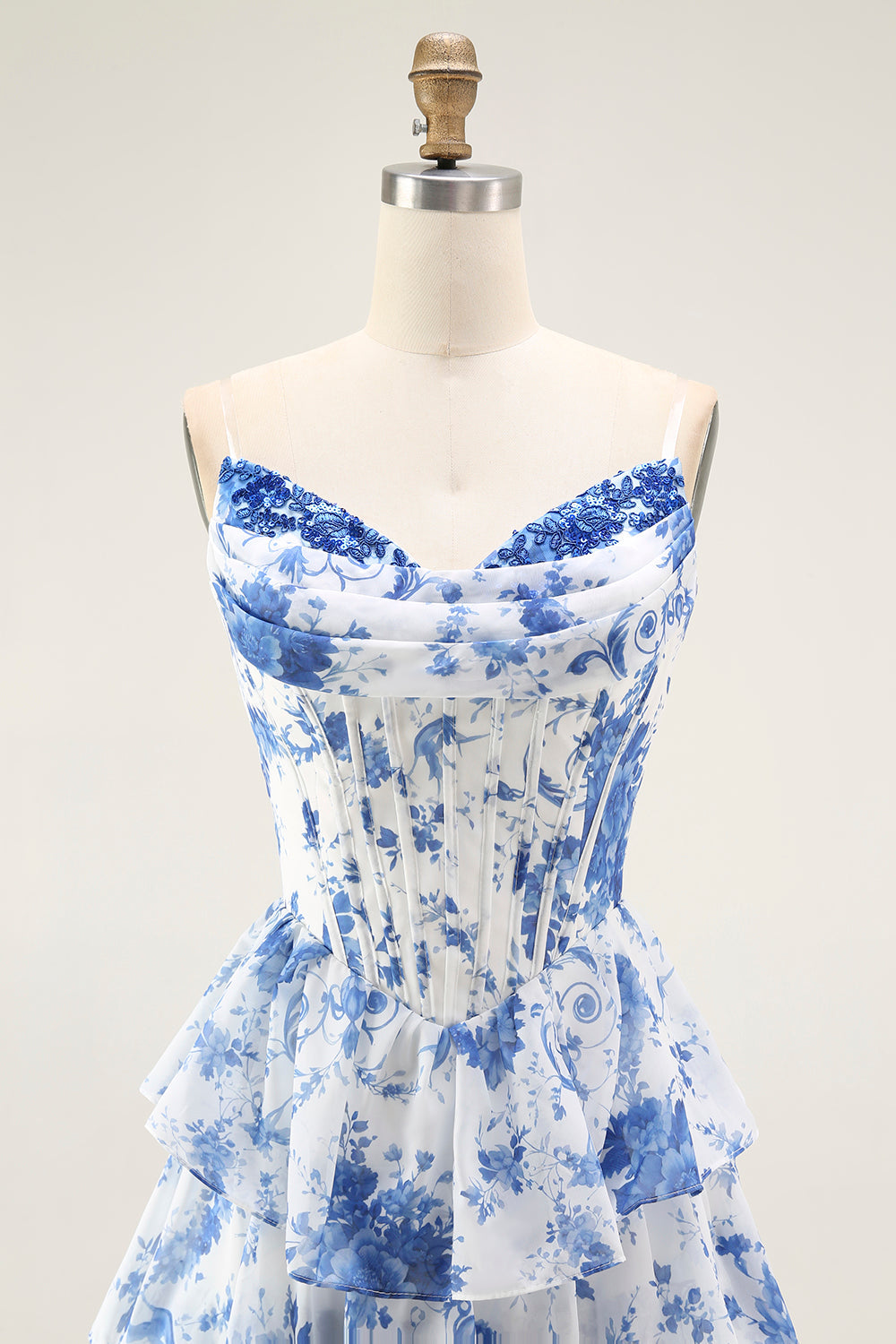 Blue White Flower A Line Ruffled Corset Long Formal Dress with Slit